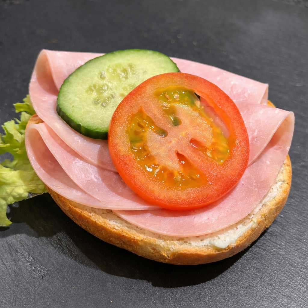 Halbes Weizenbrötchen mit Schinken